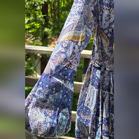 Blue paisley flutter sleeve sheer cover up wrap dress szXL - Picture 3 of 7